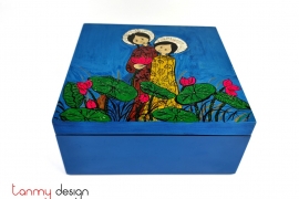 Blue square lacquer box hand painted with folk themes